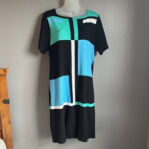 Etcetera Geometric Black & Blue knit dress SZ L